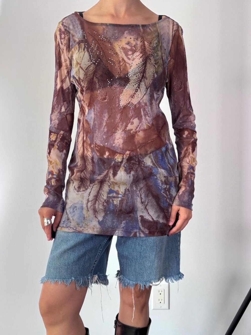 Y2K vintage purple boho earthy feather print see through sheer mesh top blouse